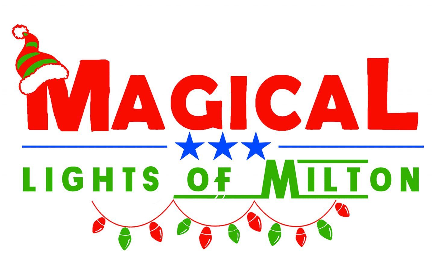 The logo for magical lights of milton has a santa hat on it