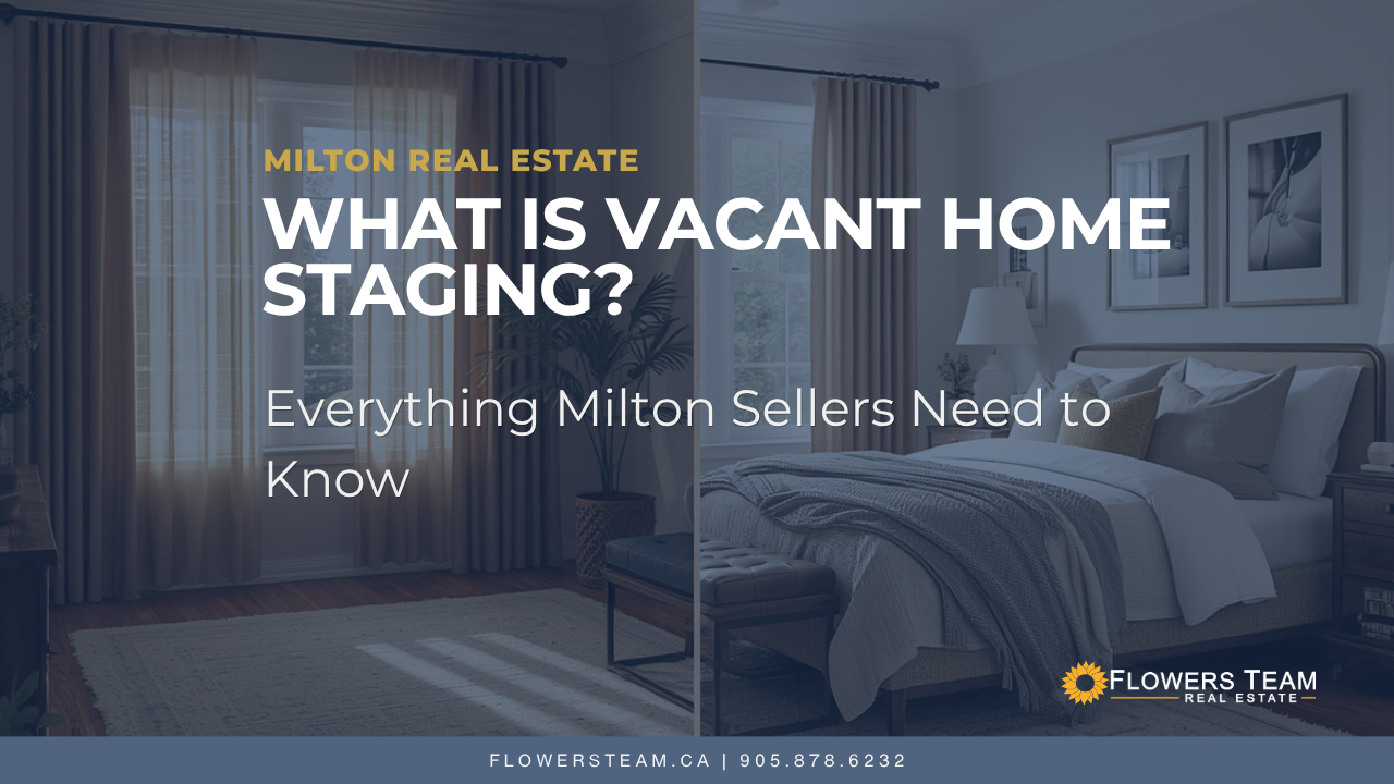 Real estate promo slide on vacant home staging, with a dim living room background and headline text.