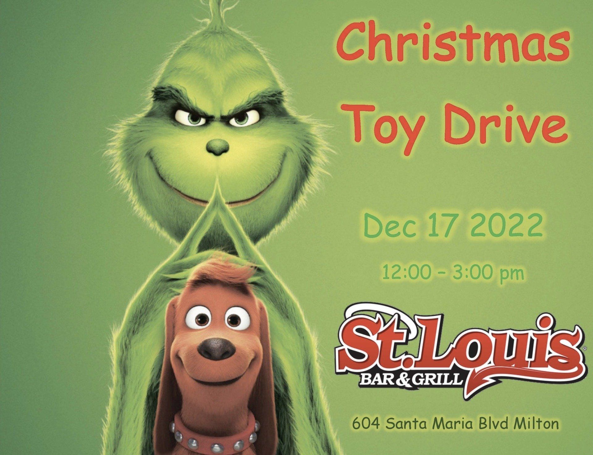 A poster for a christmas toy drive at st. louis bar & grill