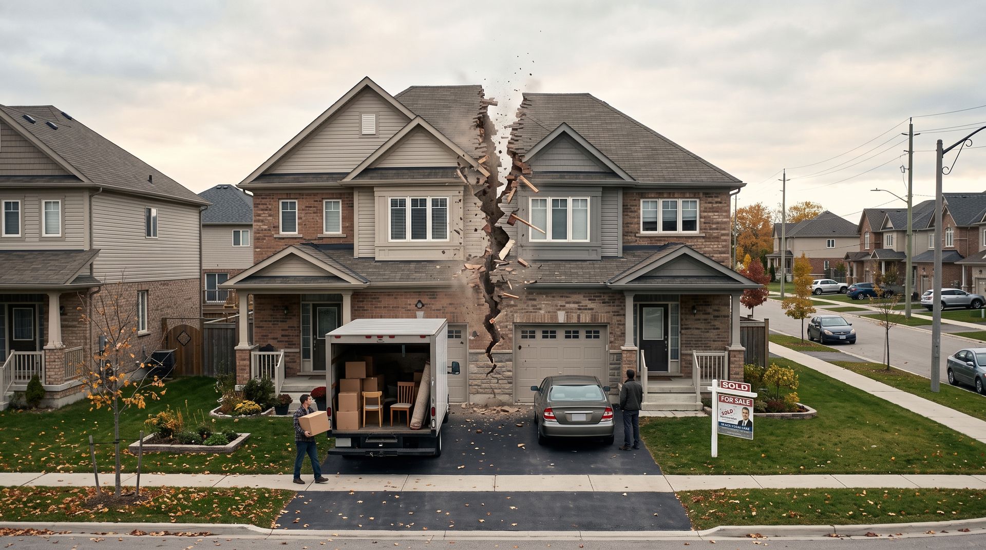 Suburban townhouse with open garage, parked SUV and car, and a person walking on the sidewalk at dusk