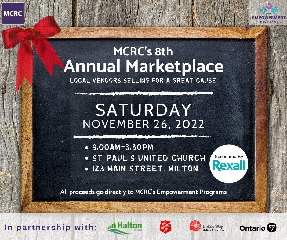An advertisement for mcrc 's 8th annual marketplace on saturday november 26th 2022