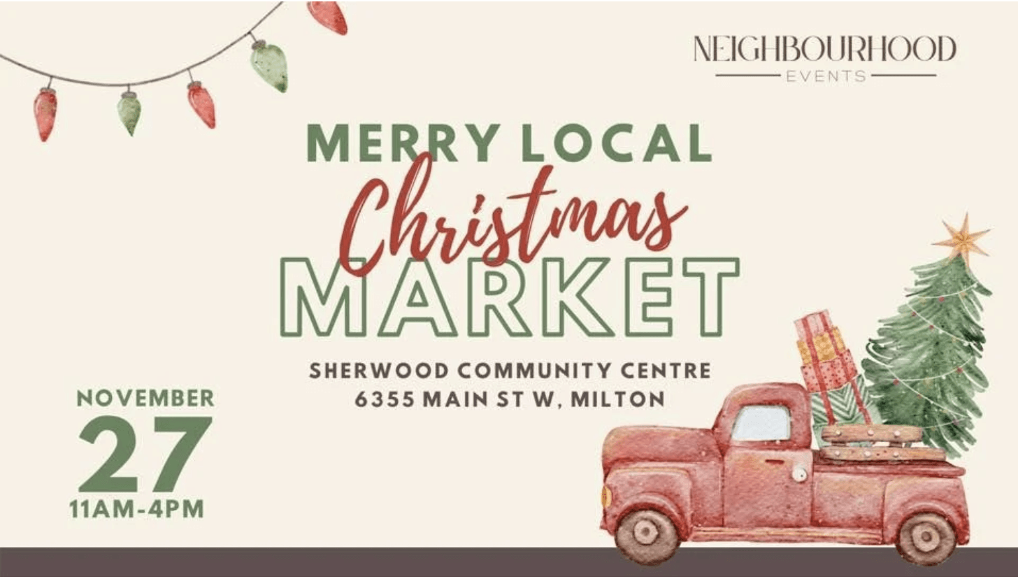 A poster for a merry local christmas market with a red truck with a christmas tree in the back.