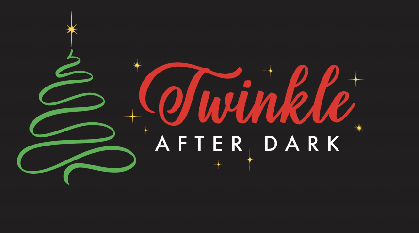 The logo for twinkle after dark has a christmas tree on it.