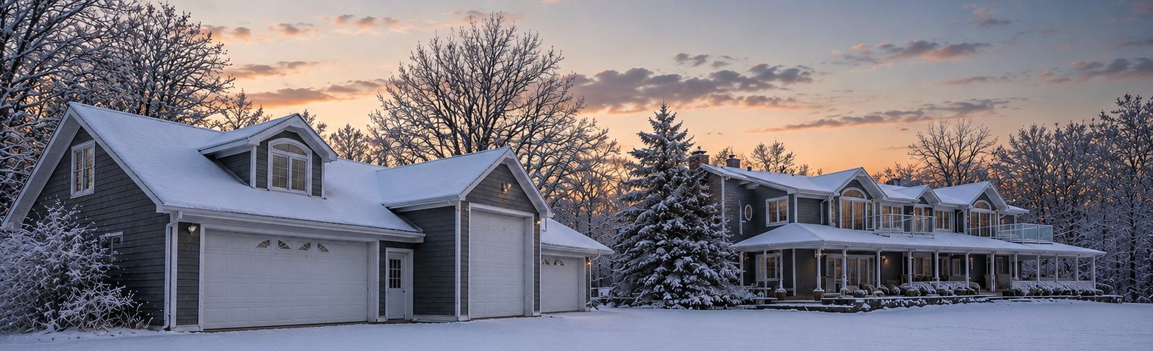 Snow-covered suburban homes in the country in Erin, Ontario. 