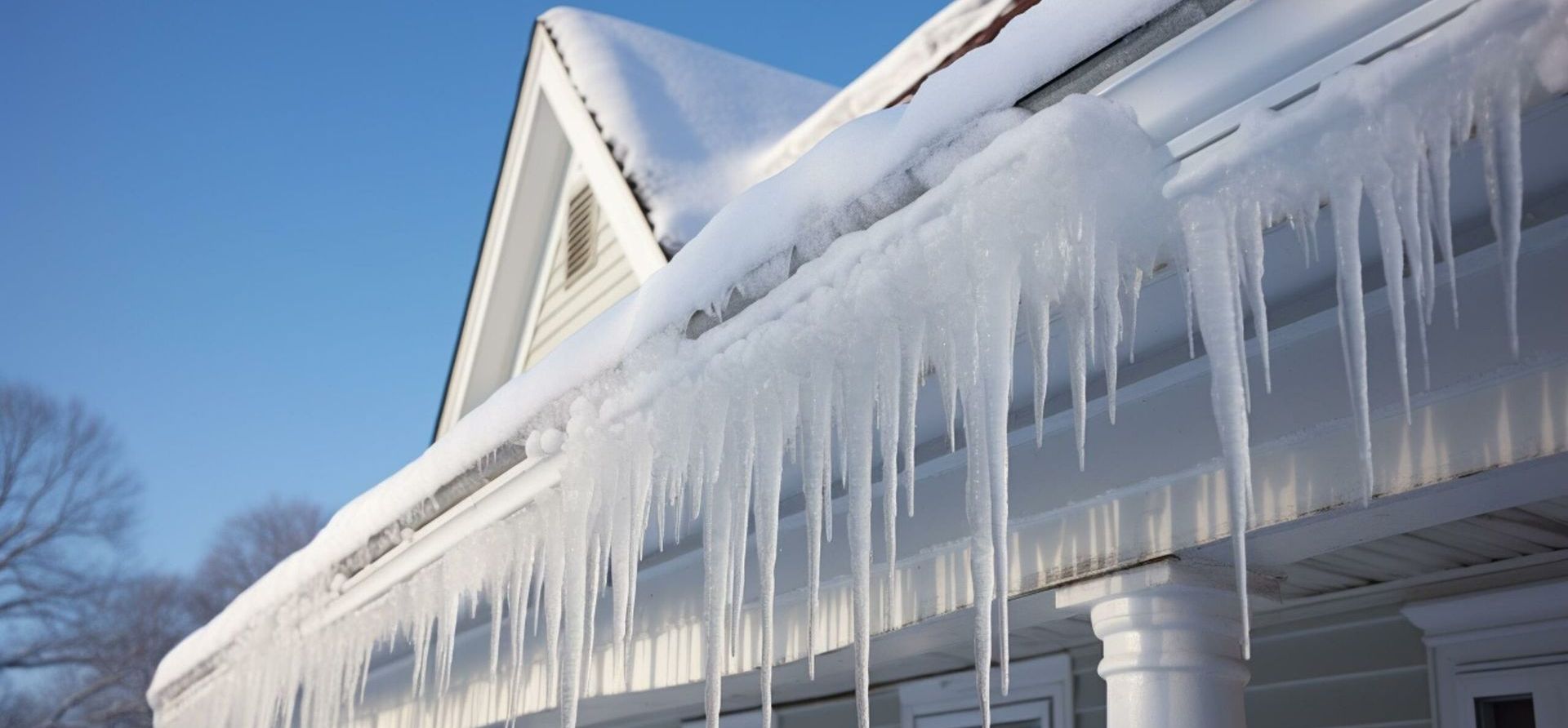 Icicles are hanging from the roof of a house.