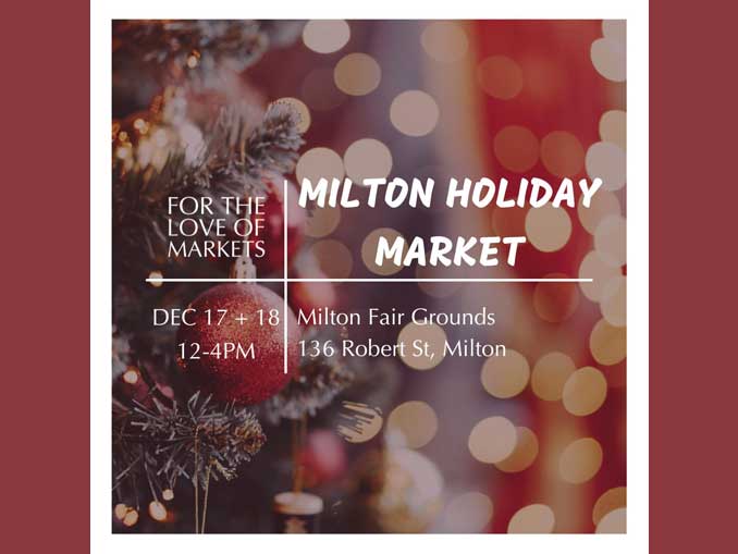 A poster for the milton holiday market with a christmas tree in the background.