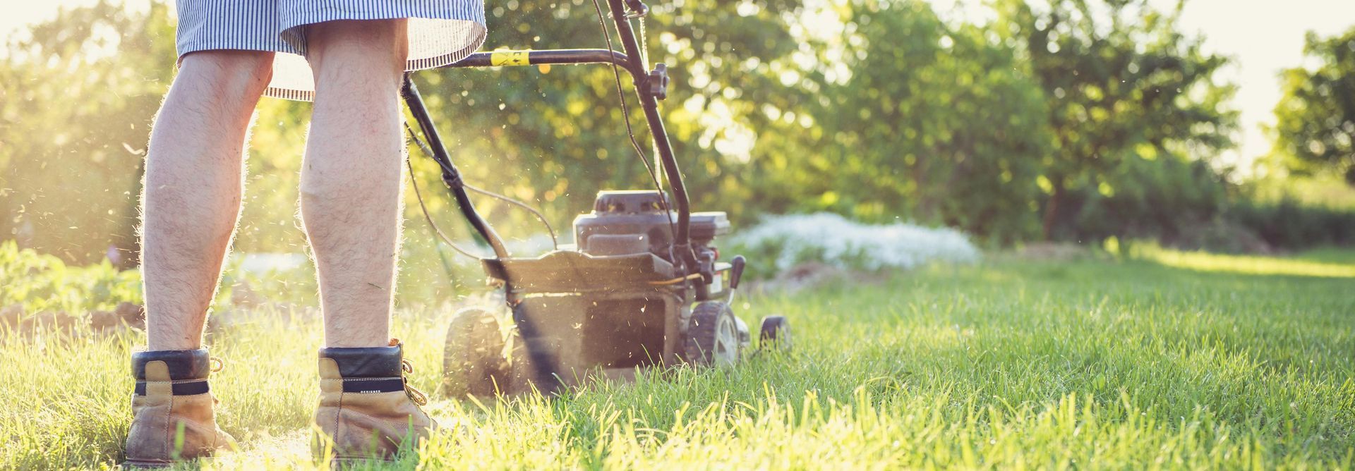 A person is mowing a lush green lawn with a lawn mower.