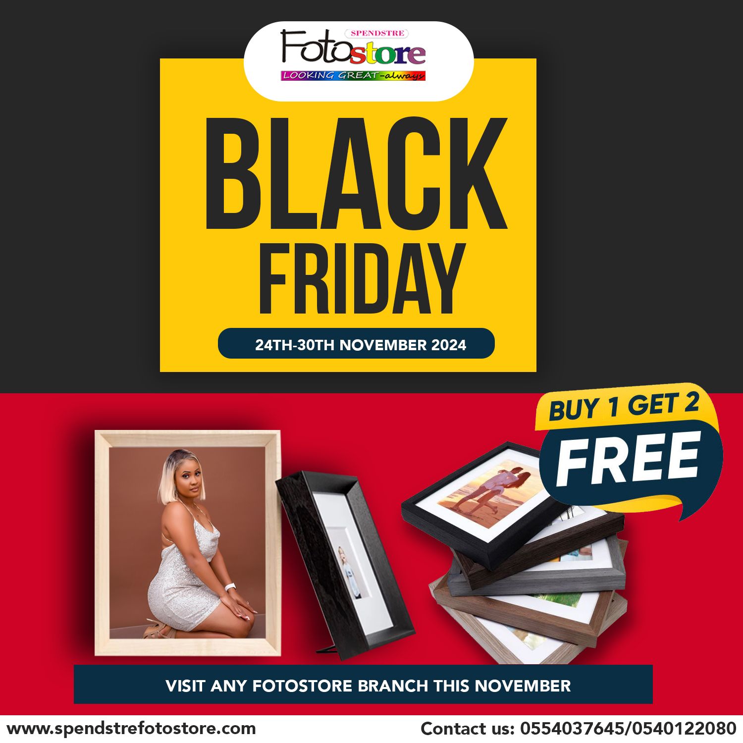 A black friday poster with a picture of a woman on it