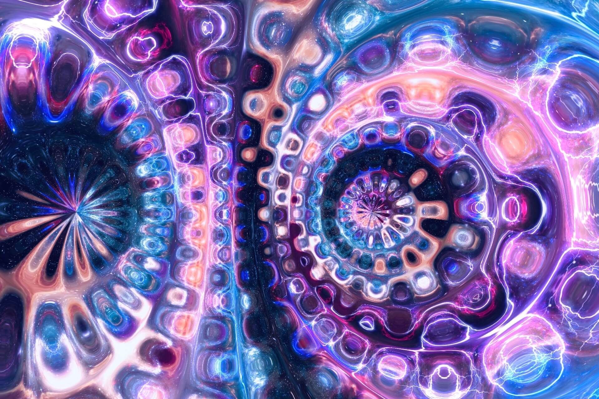 Abstract, swirling purple and blue fractal pattern resembling a tunnel or spiral with light effects.
