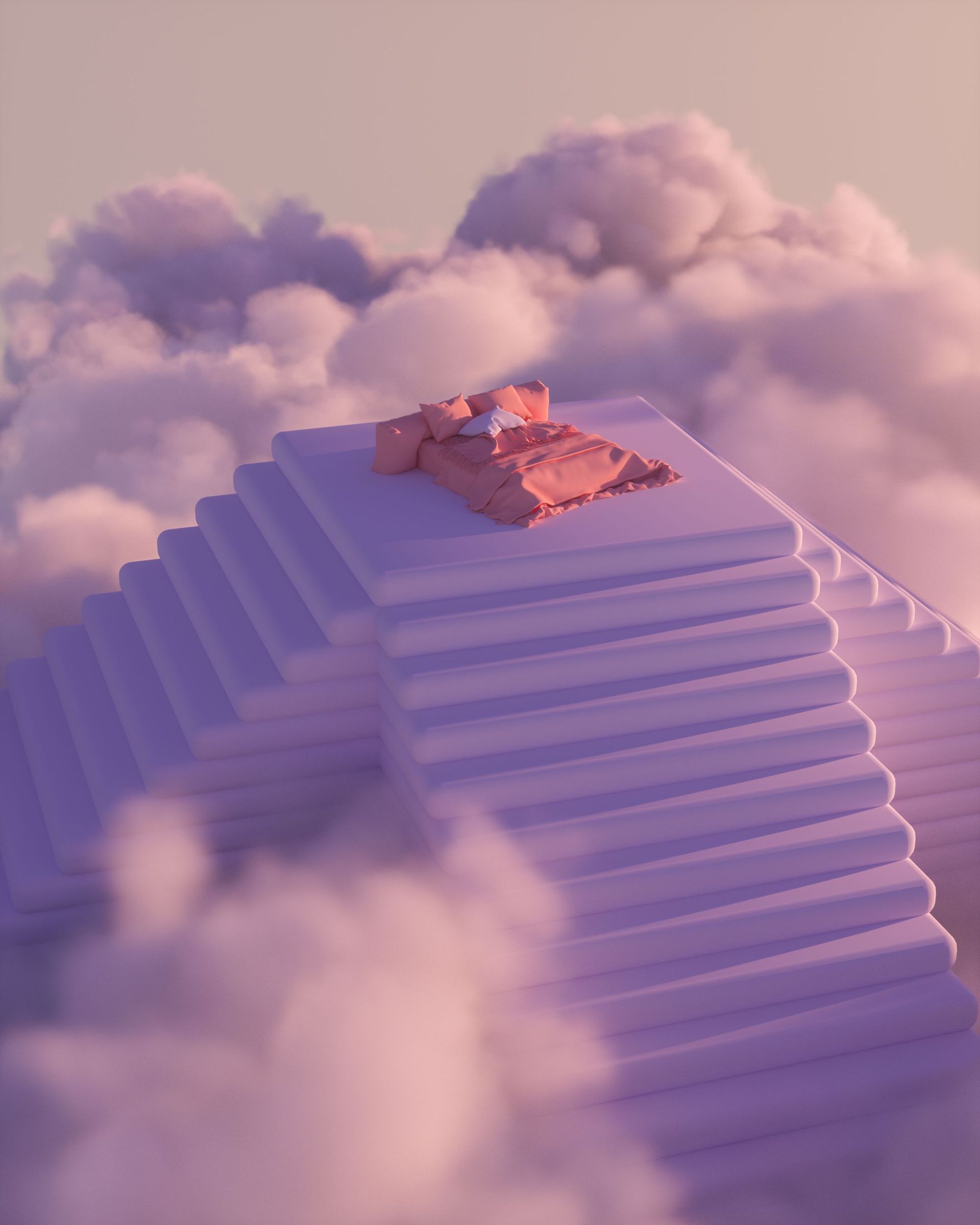Bed on top of a purple staircase
