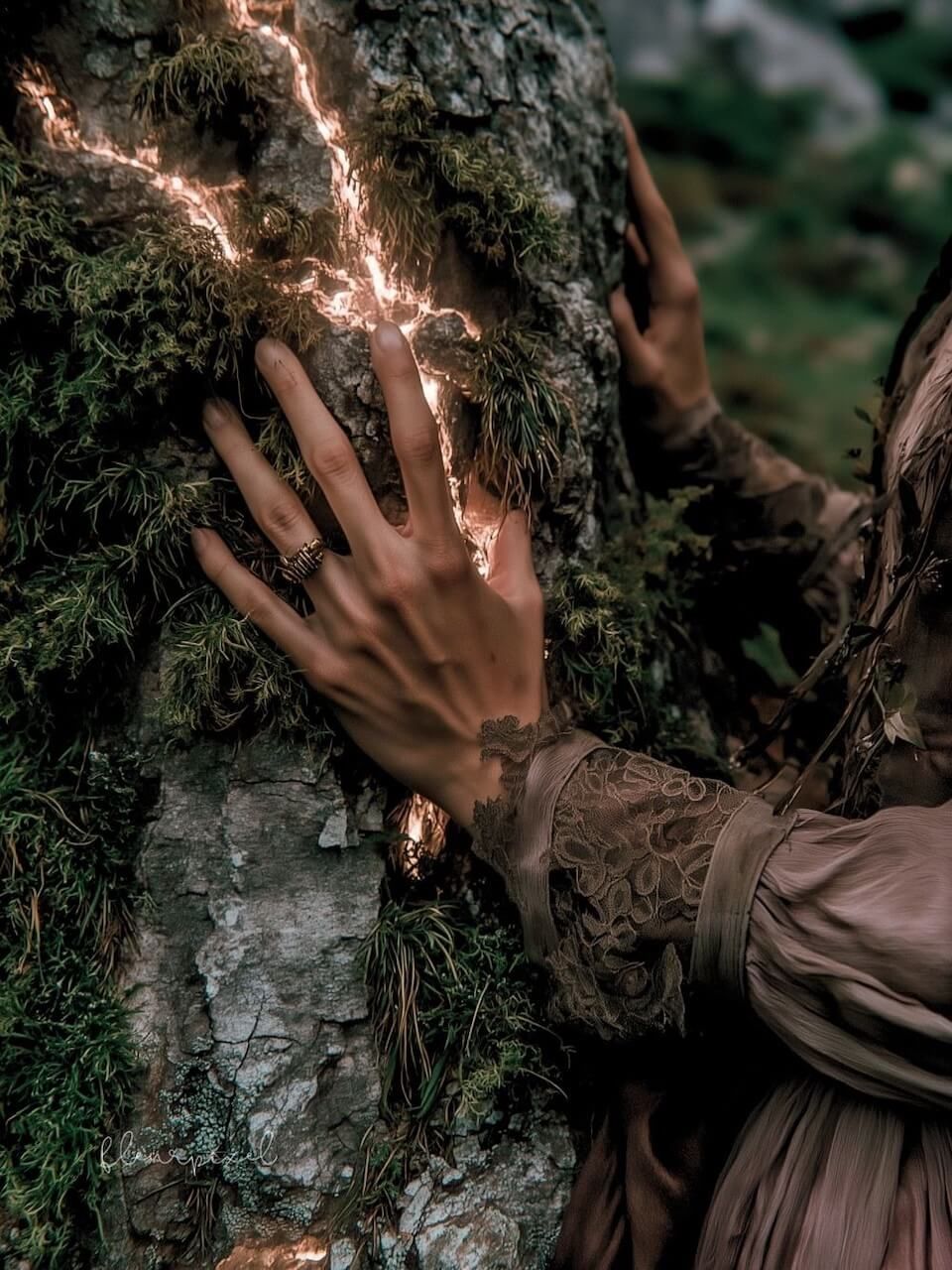 A woman is placing her hand on the trunk of a tree.
