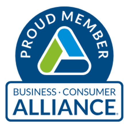 Business Consumer Alliance “Proud Member” logo with blue, green, and white emblem