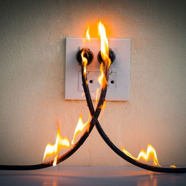 Burning electrical outlet with flaming black cords on a wall