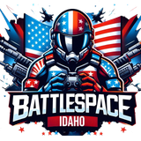 Battlespace Idaho logo with armored helmet, stars, and red, white, and blue American flag design