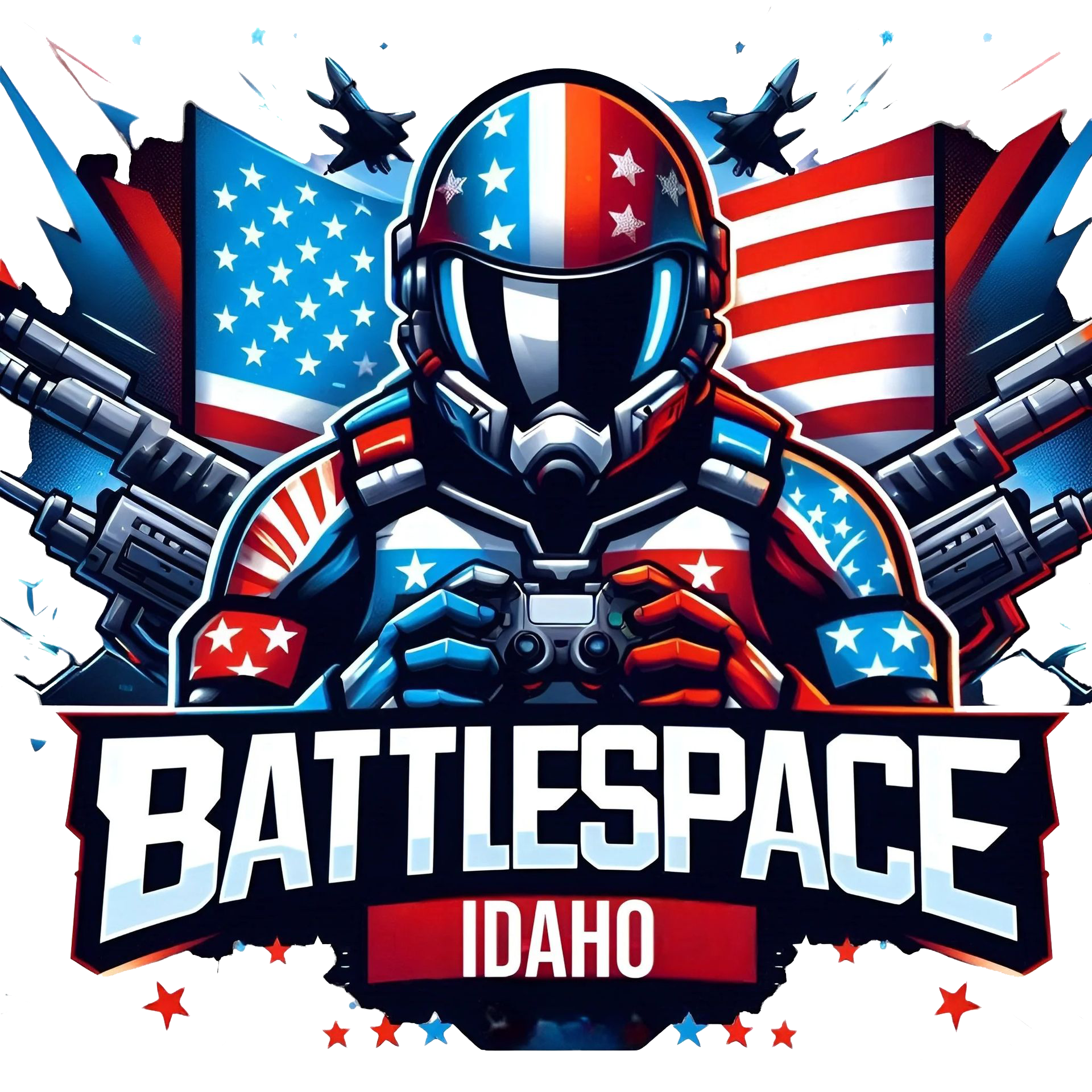 Battlespace Idaho logo with armored helmet, stars, and red, white, and blue American flag design
