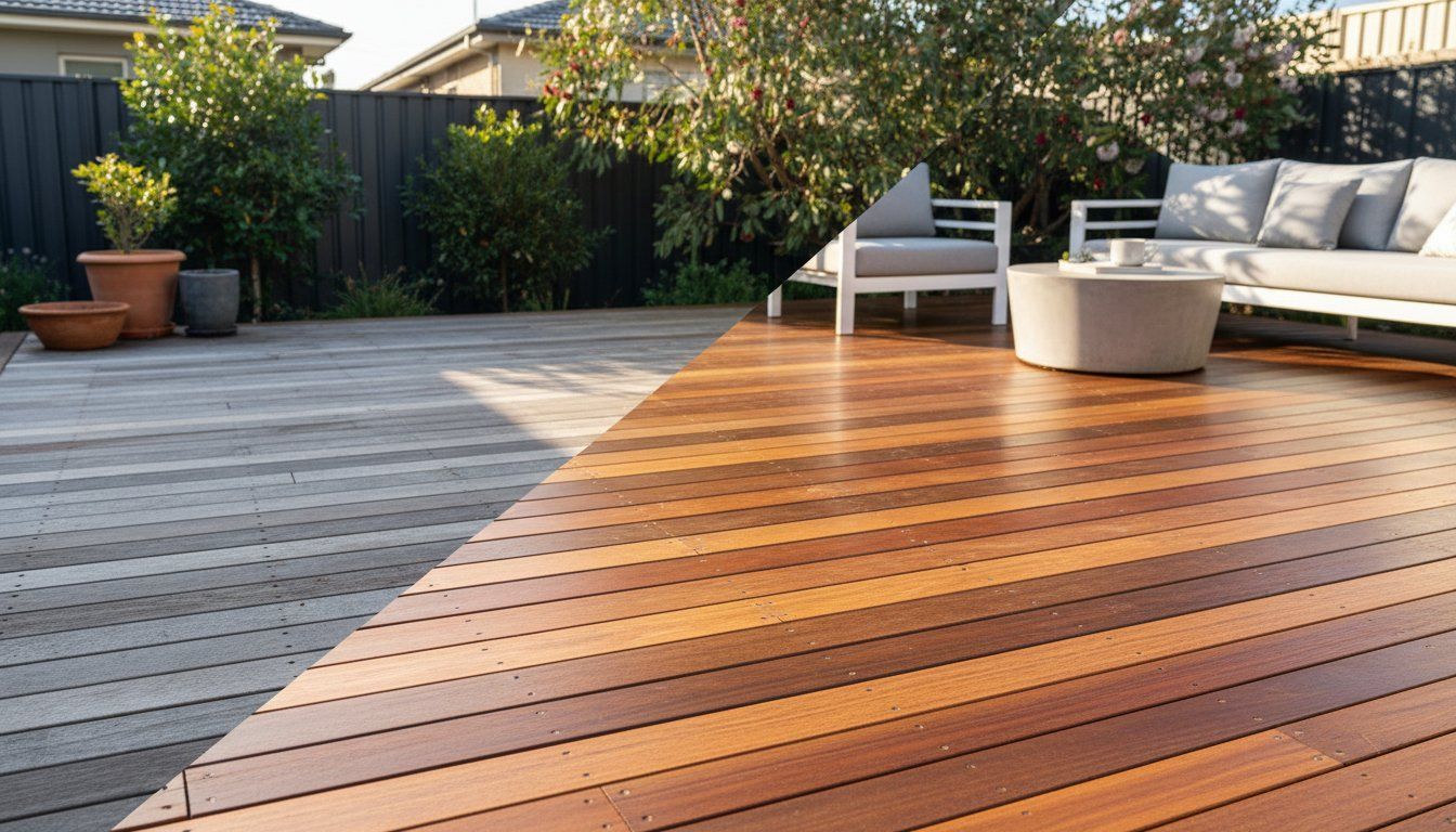 Modern backyard patio with wooden decking, white outdoor furniture, and potted plants in sunlight
