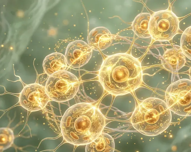A microscopic digital rendering of interconnected neurons glowing in warm gold against a soft, green, abstract background.