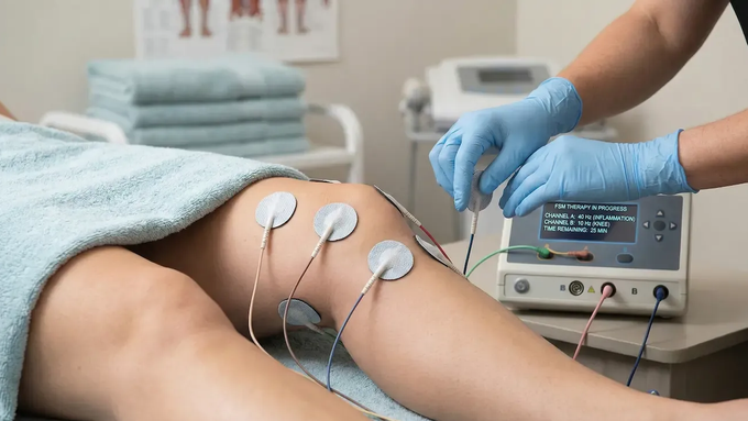 A practitioner in blue gloves applies electrodes to a patient's knee during an electrotherapy treatment session.