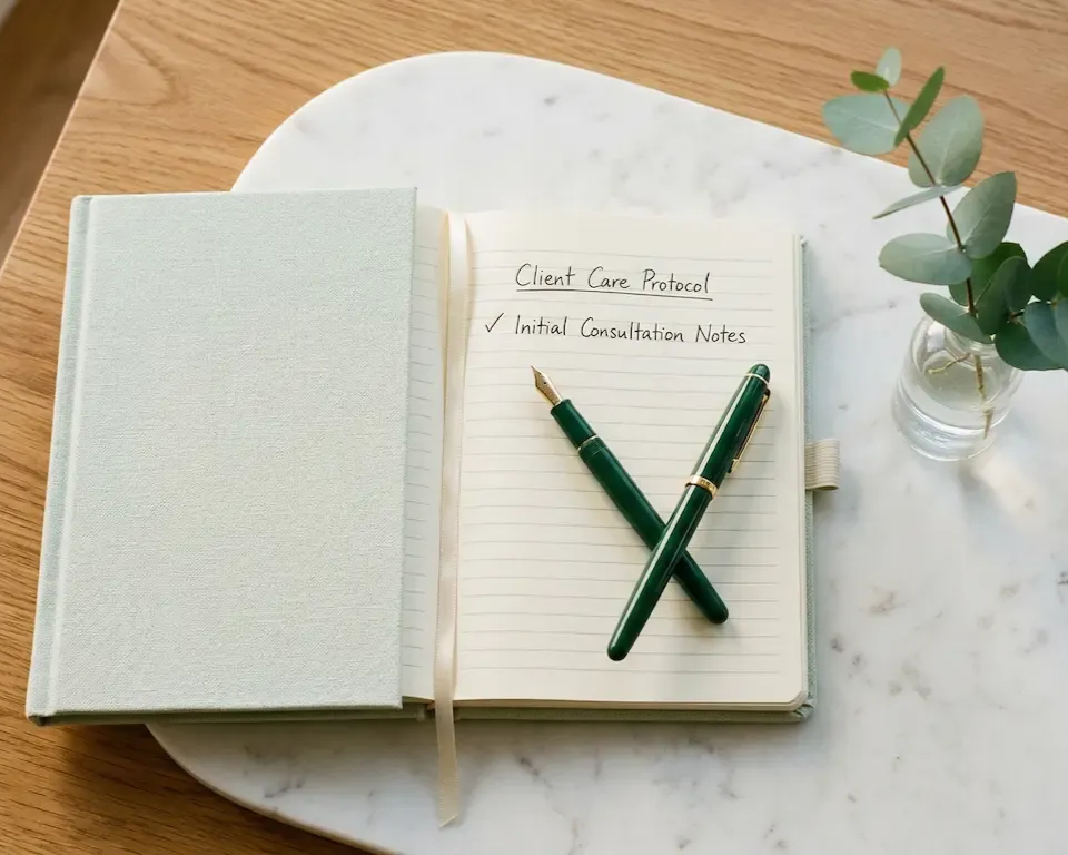 A green fountain pen rests on an open, light-green notebook marked