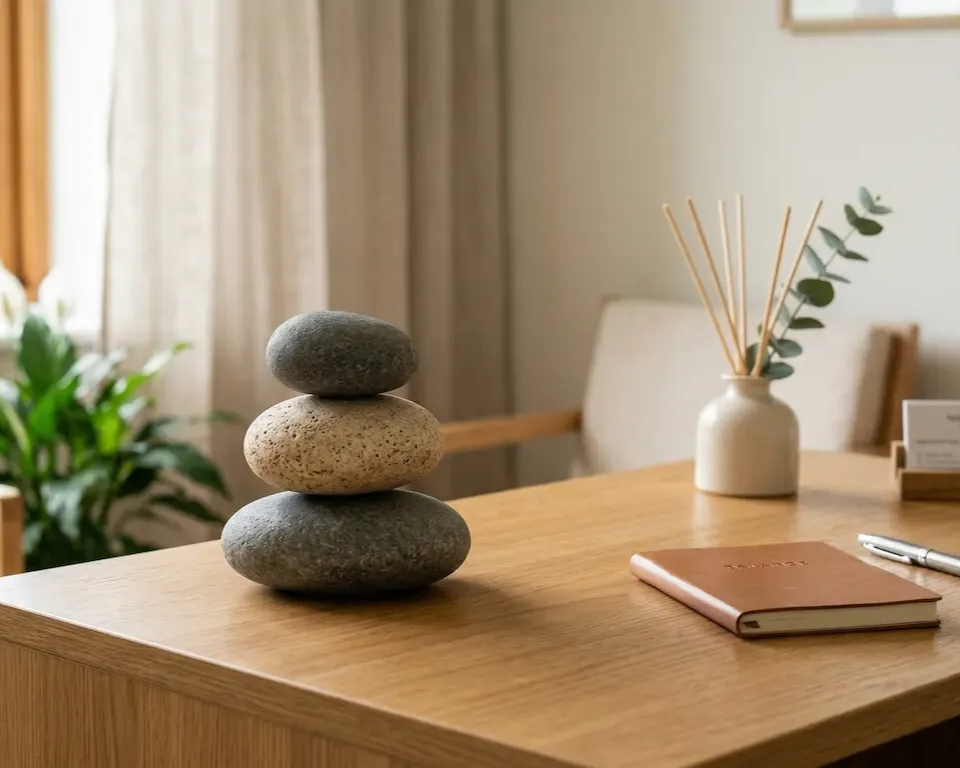 A stack of three smooth stones rests on a wooden desk next to a leather-bound notebook and a reed diffuser.