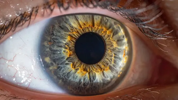 A close-up of a human eye with a multi-colored iris featuring shades of grey, blue, and a prominent ring of golden-brown.