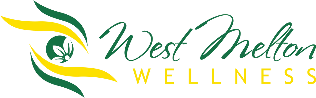 Logo for West Melton Wellness featuring a stylized green and yellow leaf graphic and cursive green text.