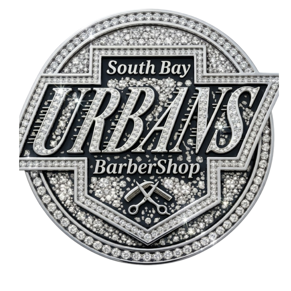 Logo for South Bay Urbans BarberShop featuring bold text and a scissor icon, decorated in a silver, diamond-like style.