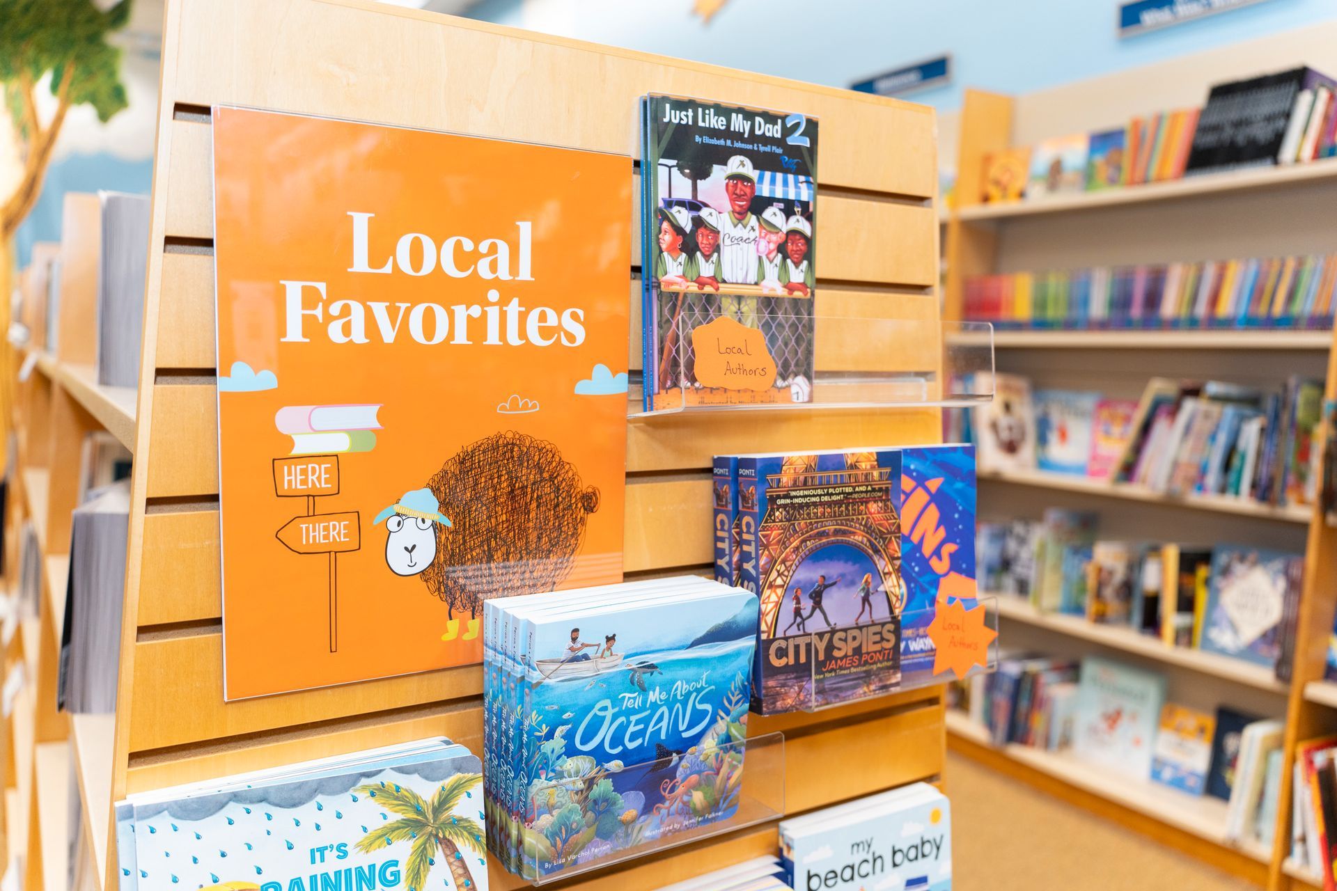 A display of local favorites books in a bookstore.