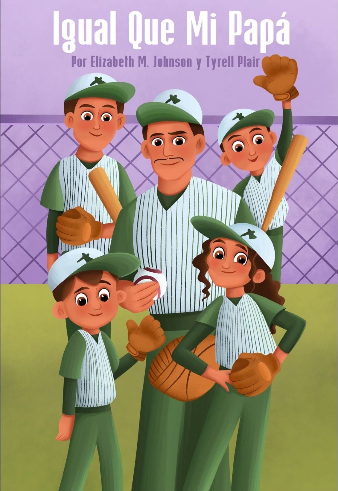 A book called igual que mi papa shows a family playing baseball