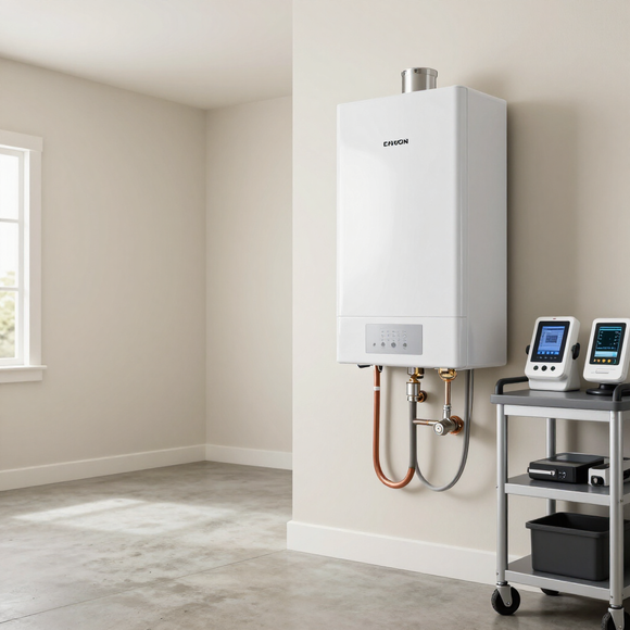 White wall-mounted water heater in an empty room, beside a utility cart with monitoring devices.