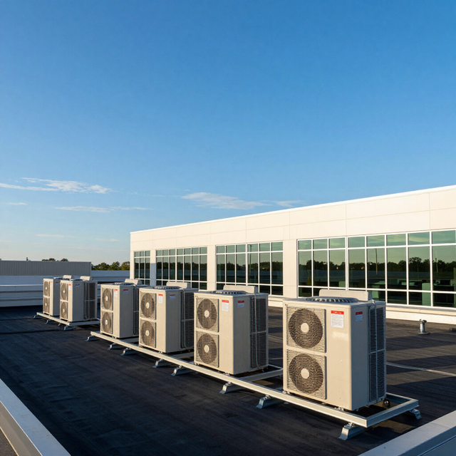 Row of rooftop HVAC units beside a white building under a clear blue sky