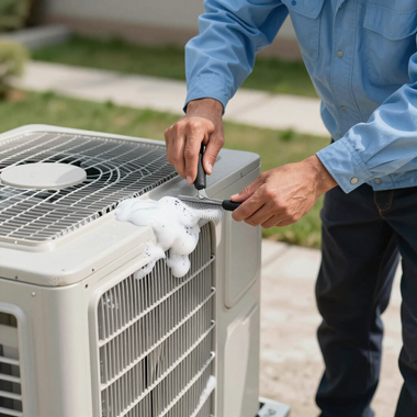 Technician cleaning a frosty outdoor air conditioner unit with a tool