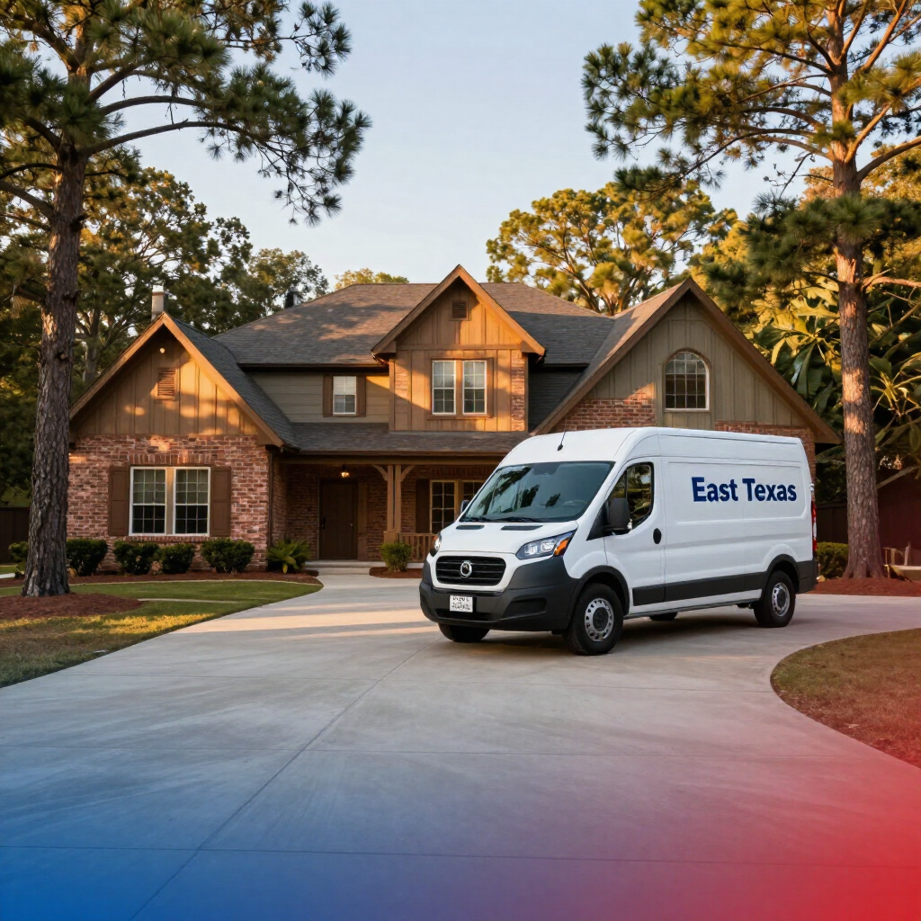 White East Texas van in a driveway in front of a brick suburban house at sunset