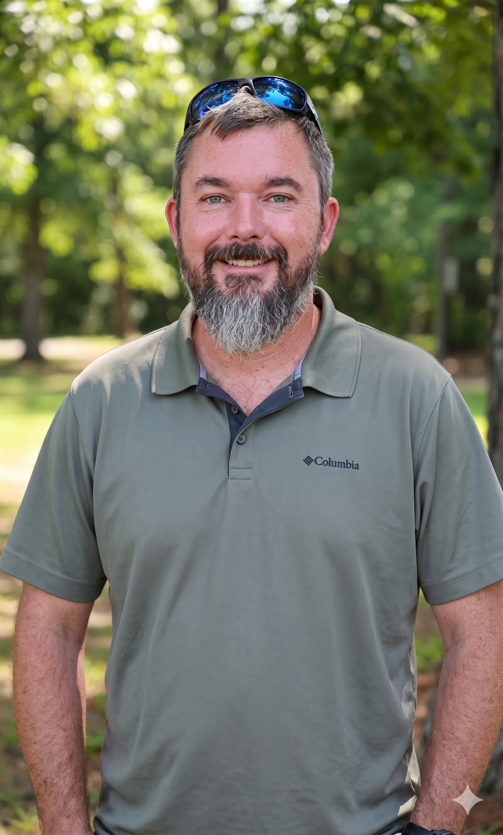 Smiling man in a green polo shirt standing outdoors with blurred trees in the background