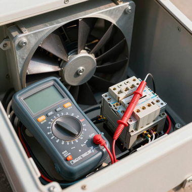 Multimeter and test leads inside an electrical enclosure beside a cooling fan