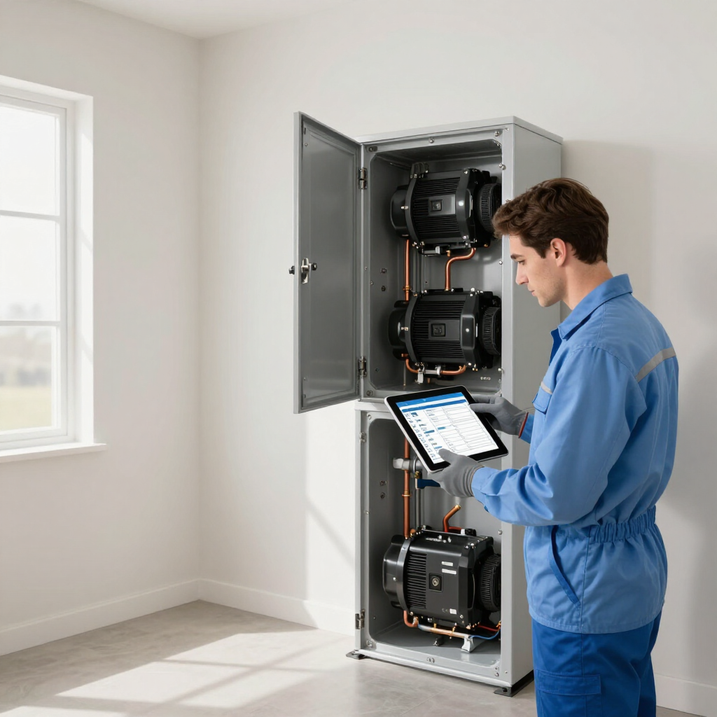 Technician in blue coveralls inspecting electrical control cabinet with tablet in a bright room