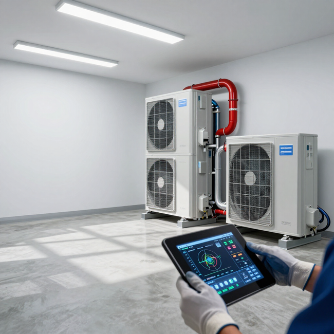 Technician holding a tablet in a mechanical room with HVAC units and red piping