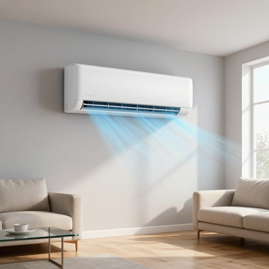 Wall-mounted air conditioner blowing cool blue air into a bright living room with two sofas