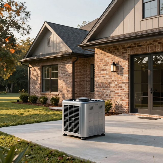 Outdoor HVAC unit on a concrete driveway beside a brick house with a covered porch
