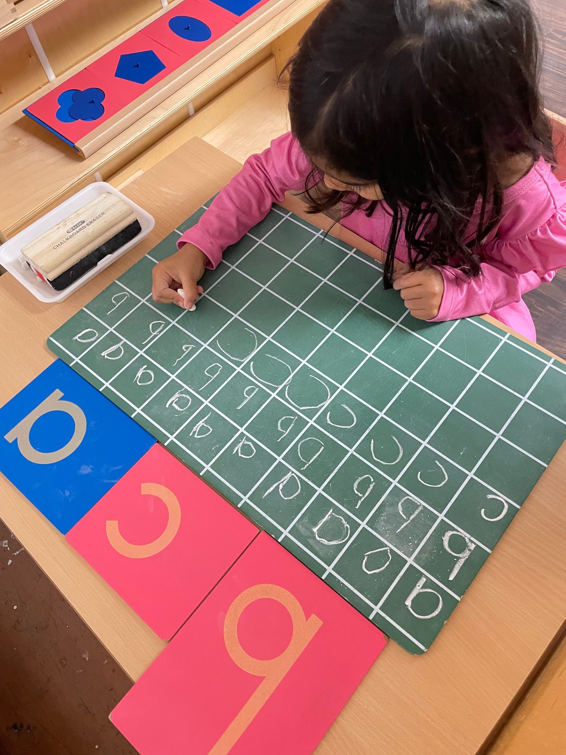 Montessori child working with language materials