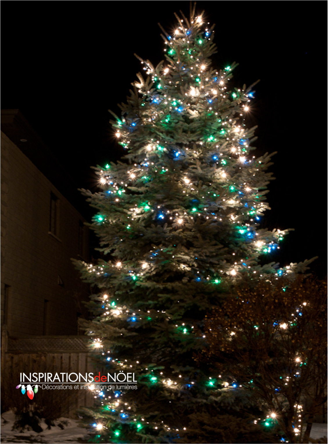 A christmas tree with blue and green lights on it