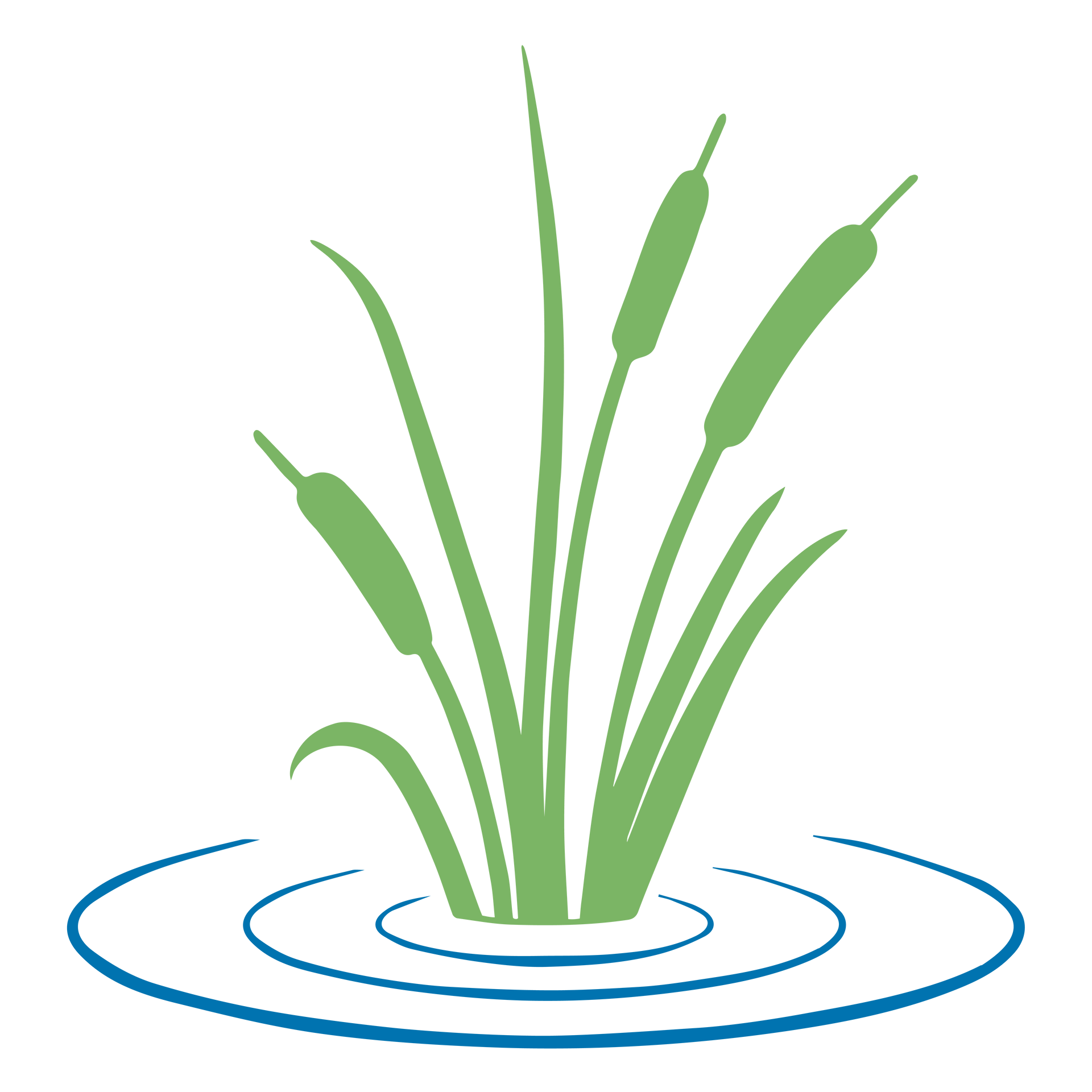 Green cattails and reeds emerging from blue water, ripples visible.