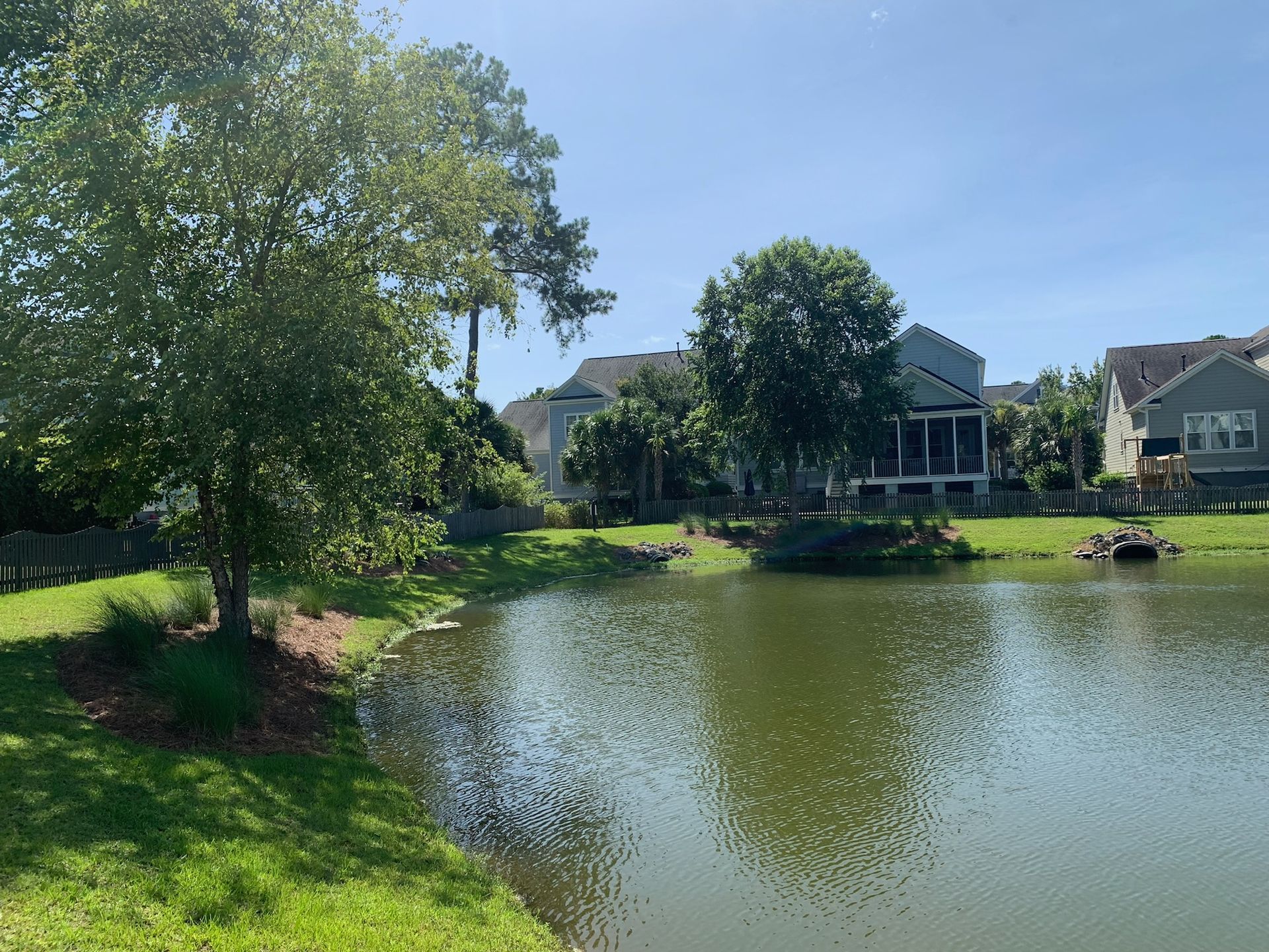 Lakeside view with green grass, water, trees, and houses in the background on a sunny day.