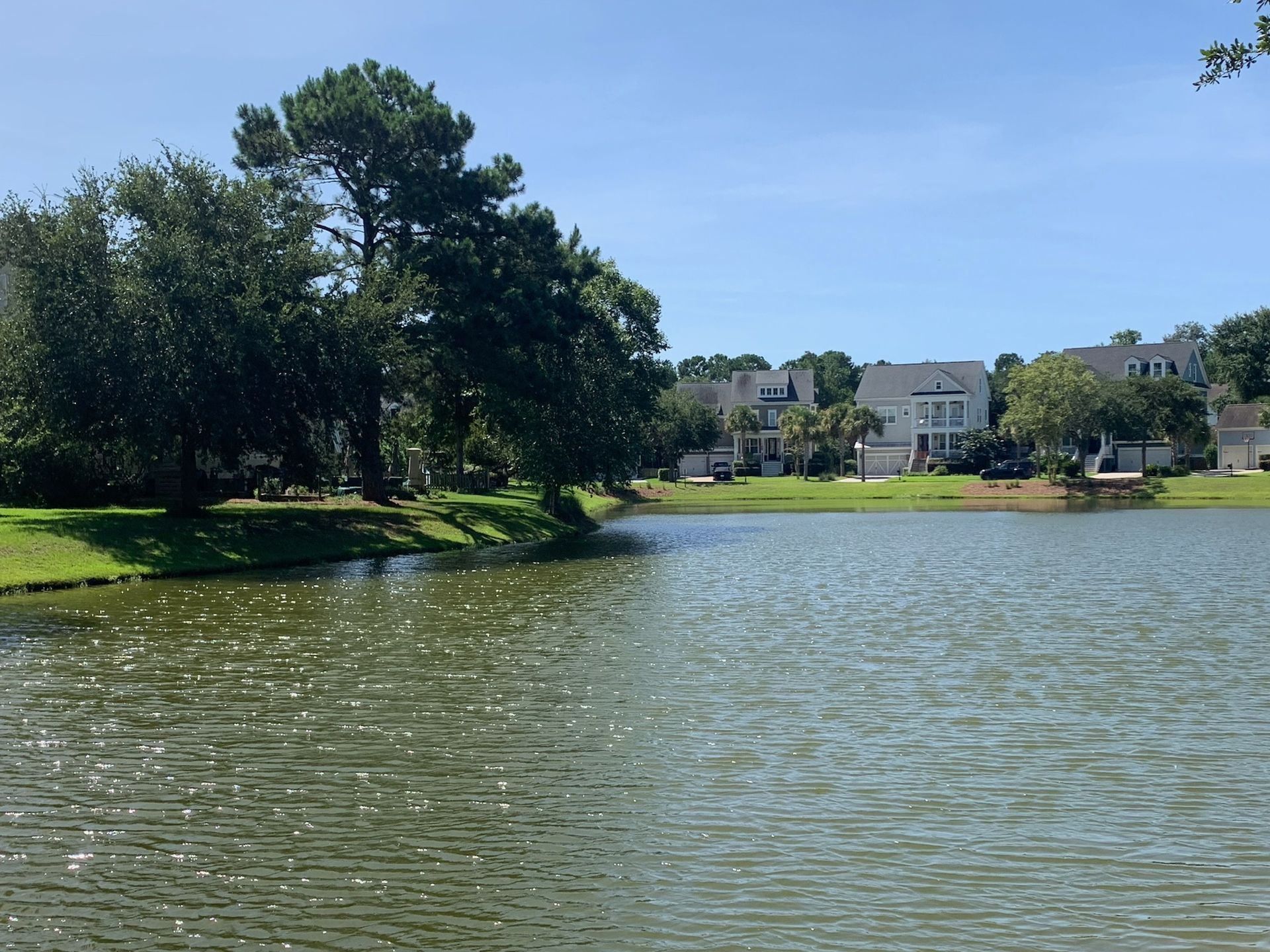 A lake with houses on the far shore, trees, and blue sky.