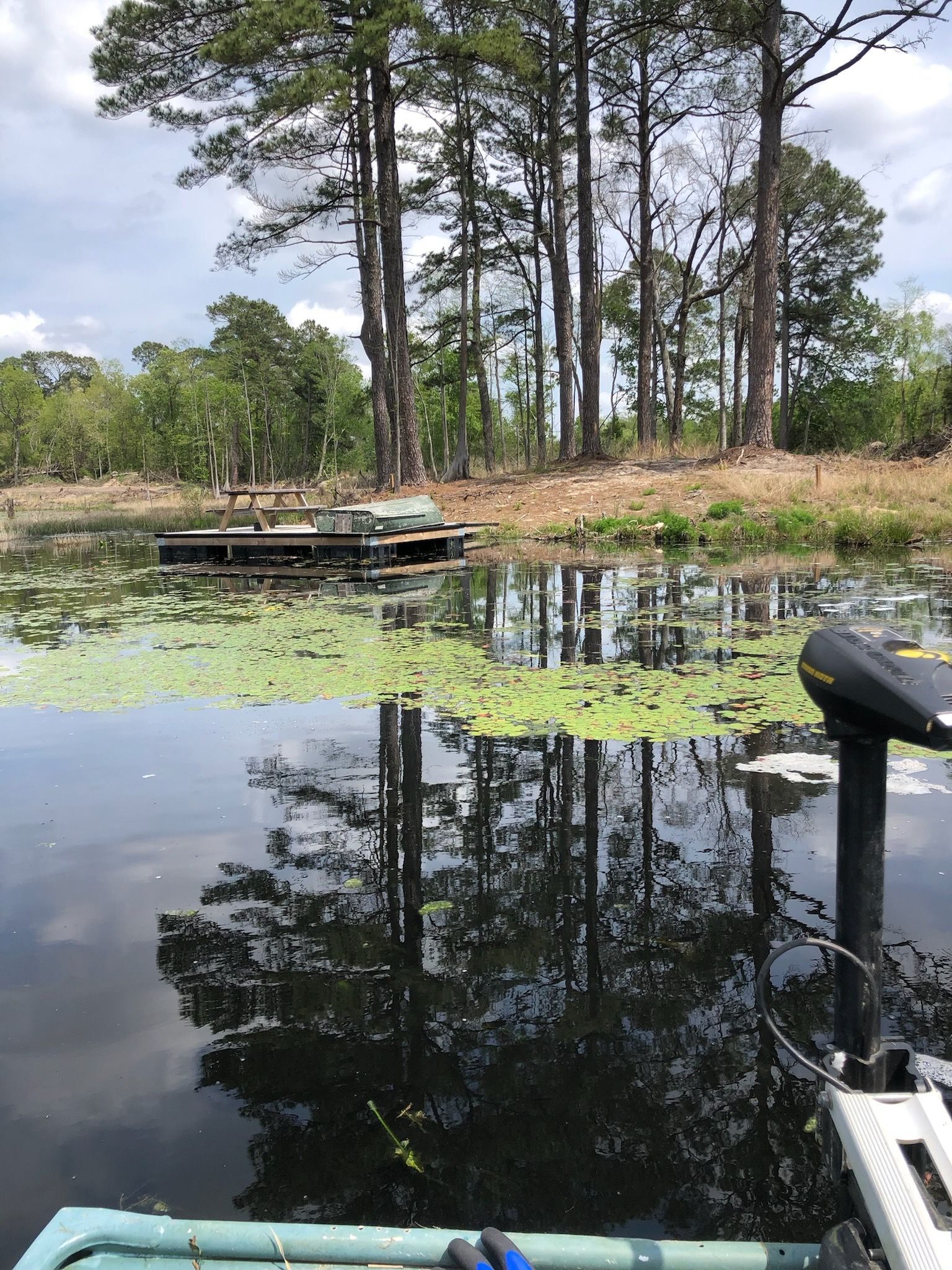 View from a boat on a calm, dark pond, reflecting trees and a small dock with vegetation.