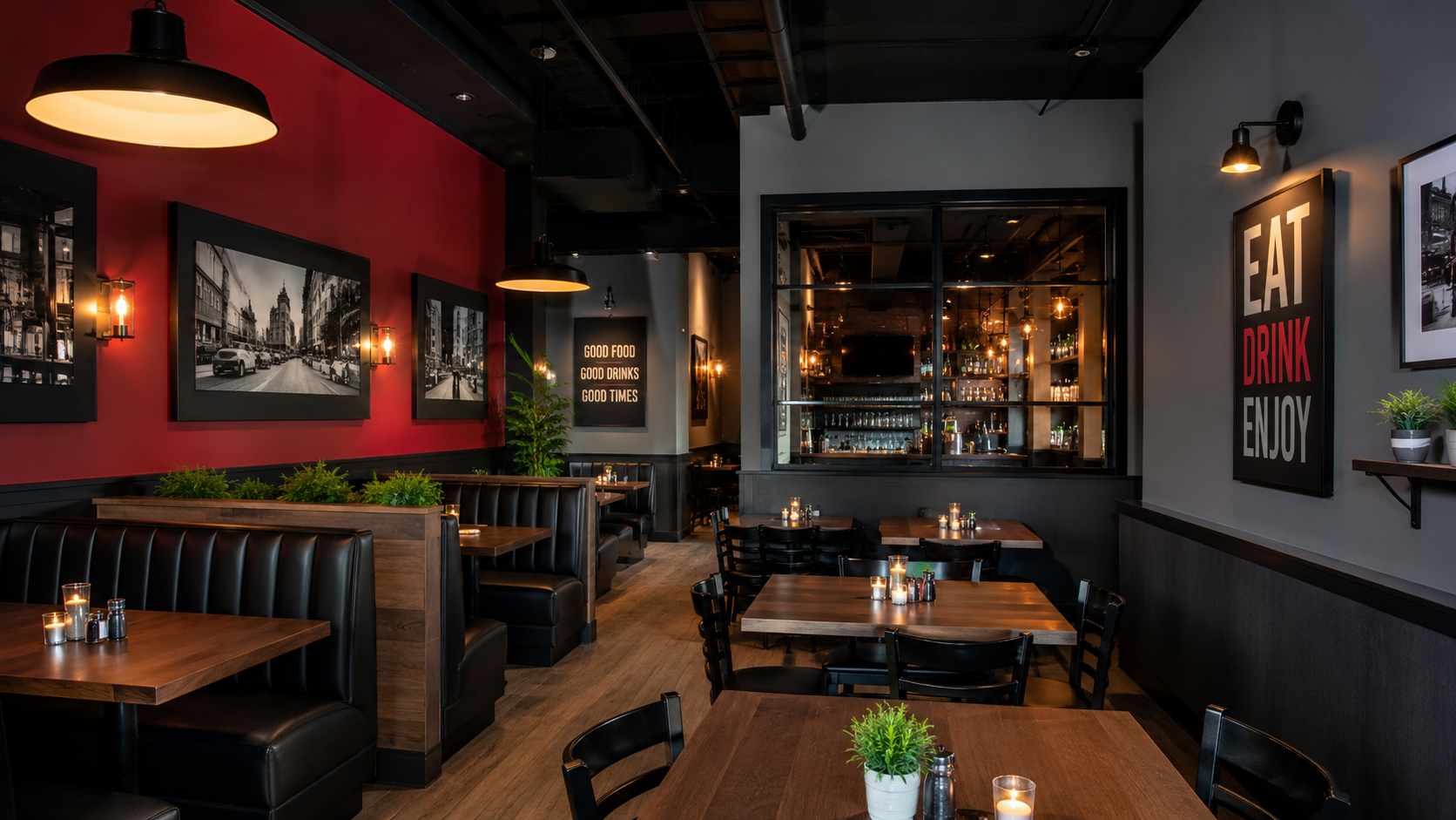 Cozy restaurant interior with red walls, booths, wooden tables, and a large “EAT” sign.