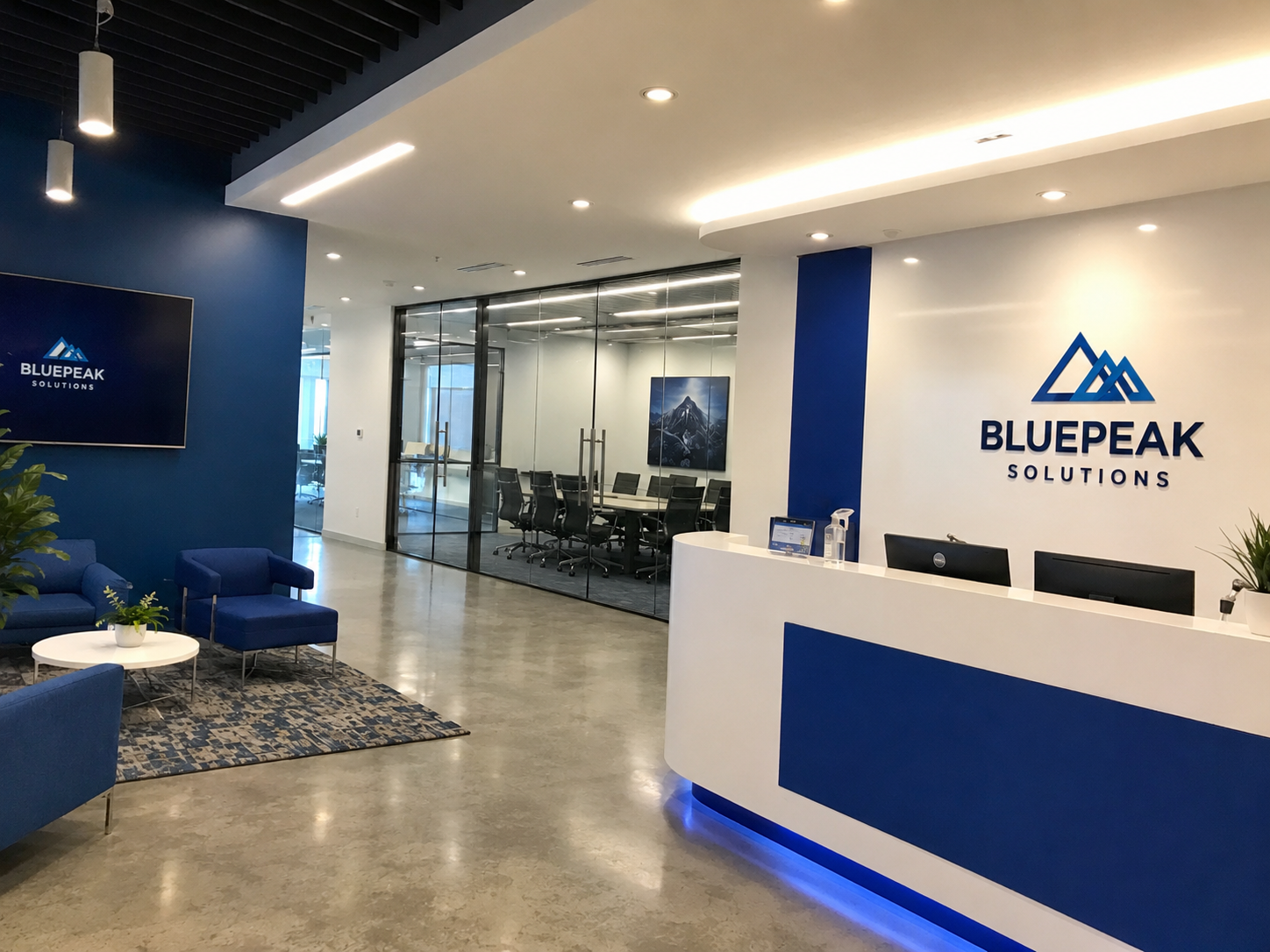 Modern office lobby with blue seating, glass meeting room, and BluePeak Innovations reception desk.