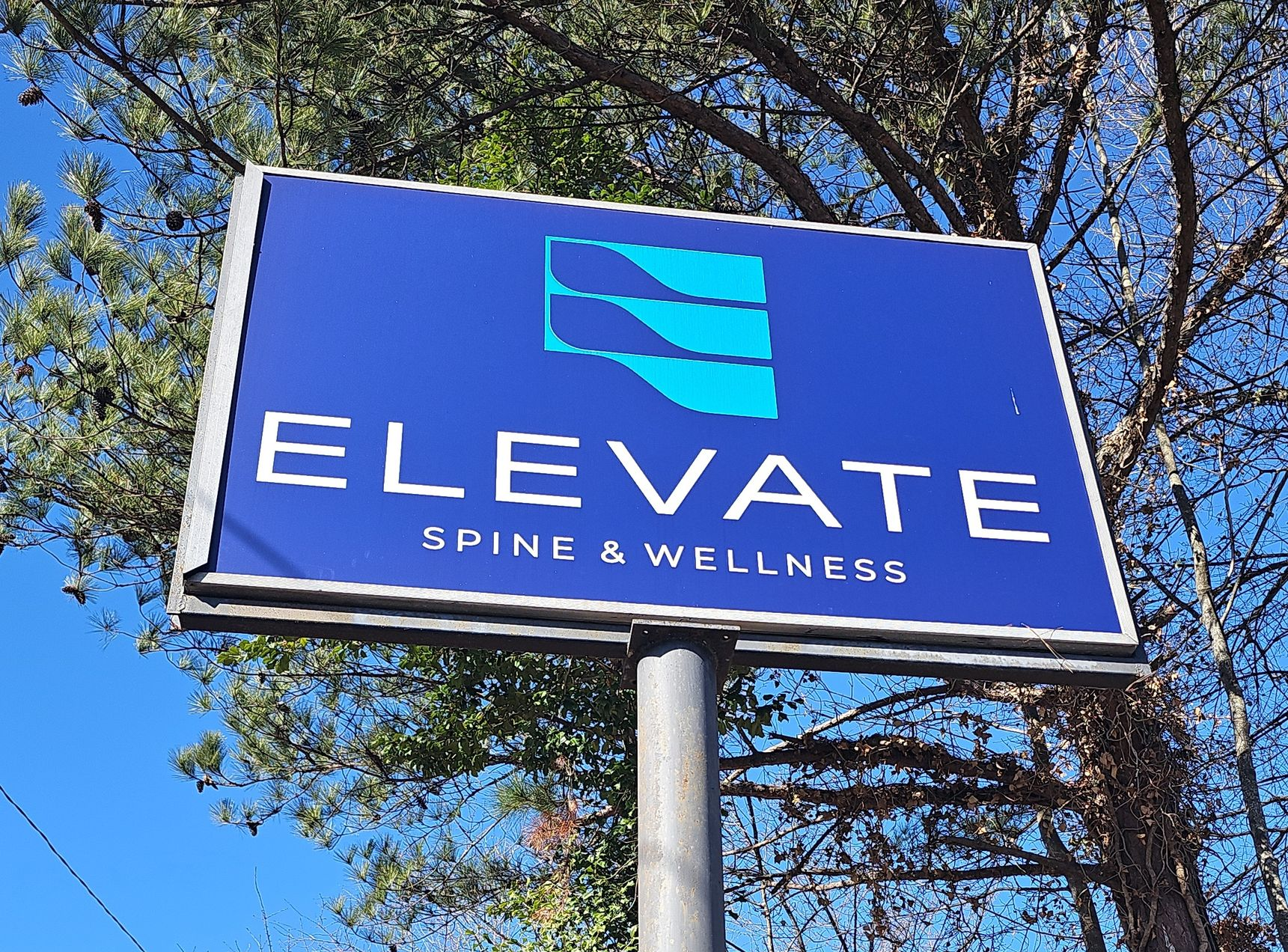 Blue sign reading “ELEVATE Spine & Wellness” on a pole outdoors with trees behind it