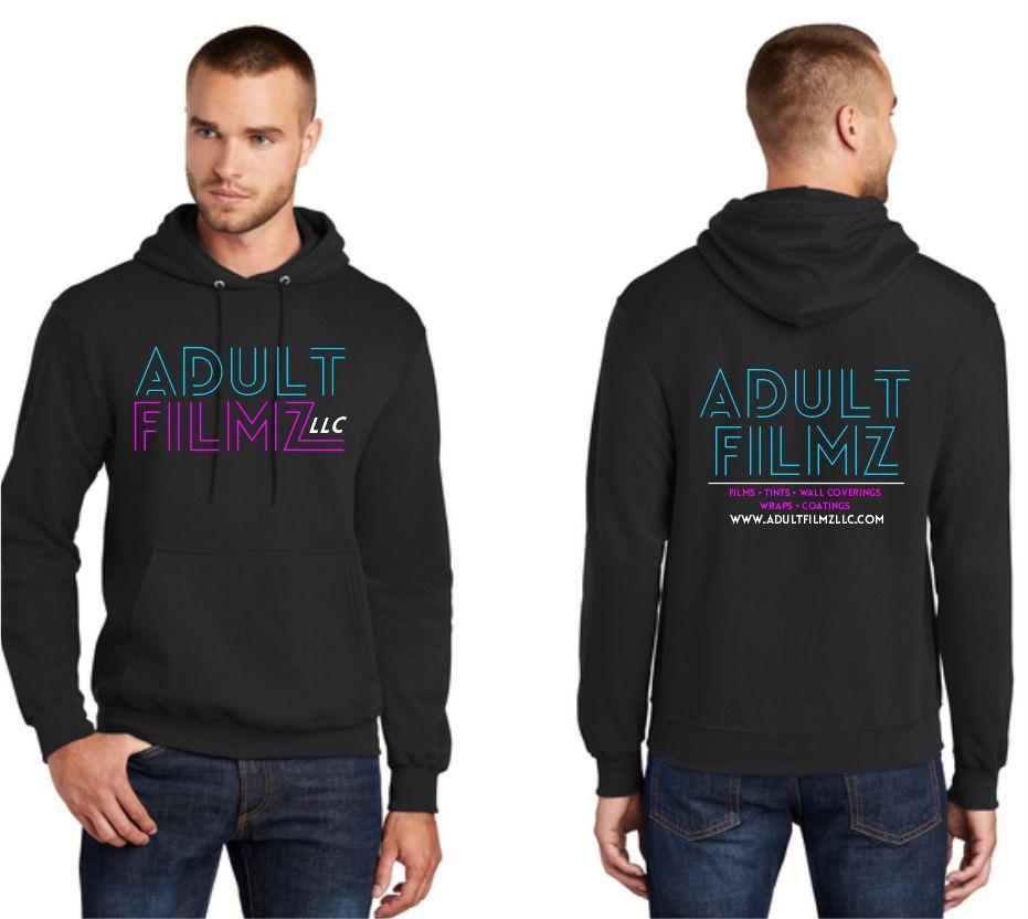 A man is wearing a black adult filmz hoodie