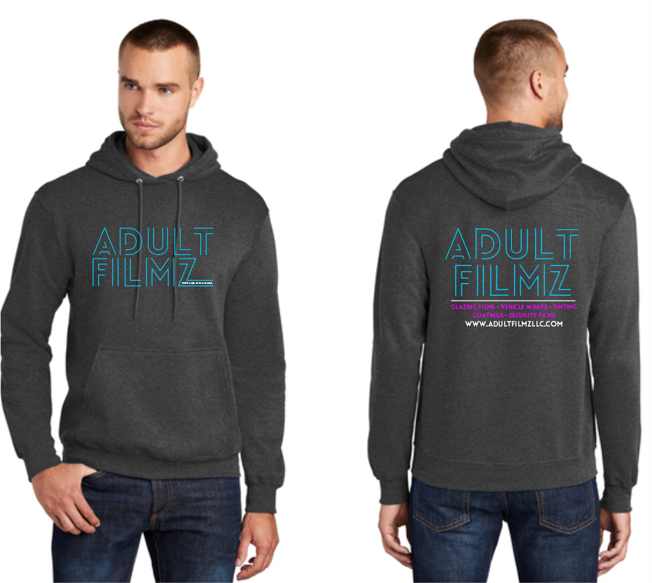 A man is wearing a hoodie that says adult filmz on it